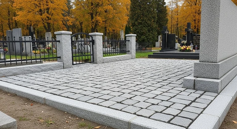 Благоустройство захоронений во Владивостоке — мощение гранитной плиткой, цоколь и ограда на ухоженном участке