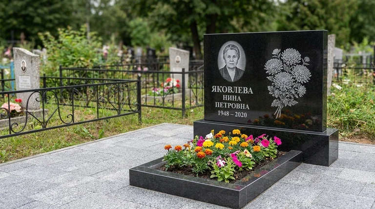 Гравировка хризантем на памятник во Владивостоке — пример работы на граните