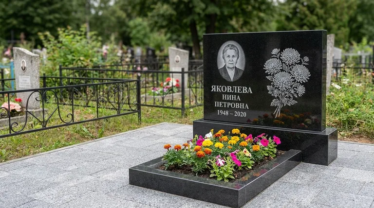 Памятник с гравировкой хризантем — выполненная работа «Соколов» во Владивостоке