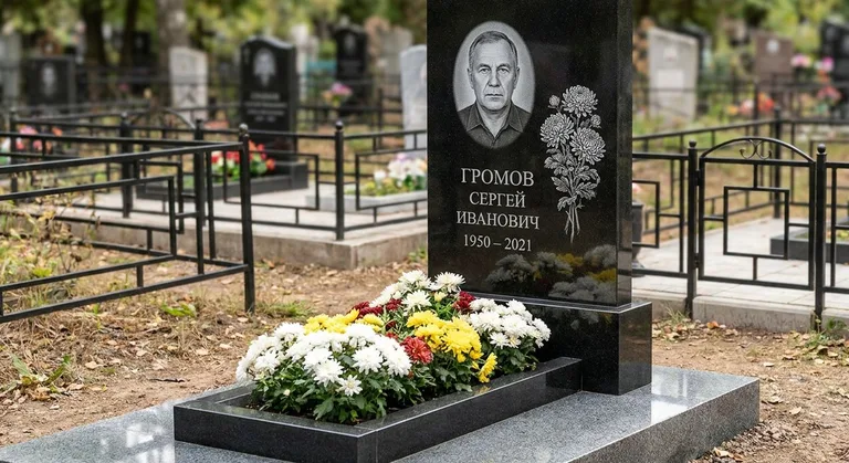 Памятник с гравировкой хризантем — выполненная работа «Громов» во Владивостоке