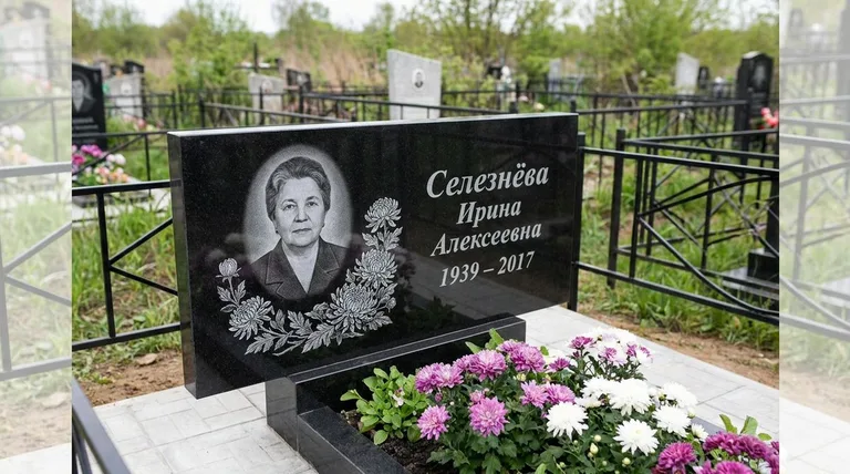 Памятник с гравировкой хризантем — выполненная работа «Селезнёва» во Владивостоке