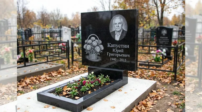 Памятник с гравировкой хризантем — выполненная работа «Капустин» во Владивостоке