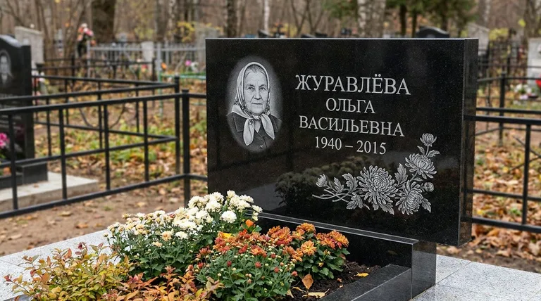 Памятник с гравировкой хризантем — выполненная работа «Журавлёва» во Владивостоке