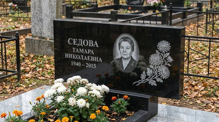 Памятник с гравировкой хризантем — выполненная работа «Седова» во Владивостоке