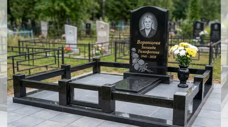 Памятник с гравировкой хризантем — выполненная работа «Воронцова» во Владивостоке