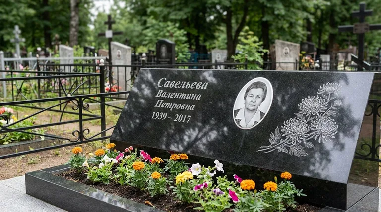 Памятник с гравировкой хризантем — выполненная работа «Савельева» во Владивостоке