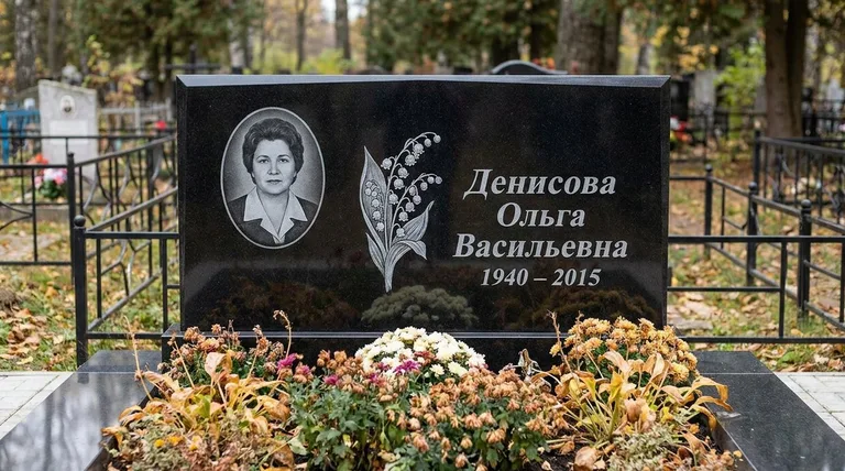 Памятник с гравировкой ландышей — выполненная работа «Денисова» во Владивостоке