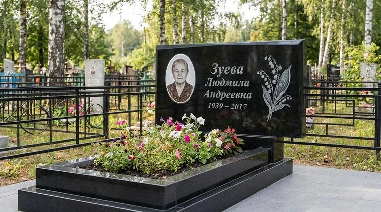 Памятник с гравировкой ландышей — выполненная работа «Зуева» во Владивостоке