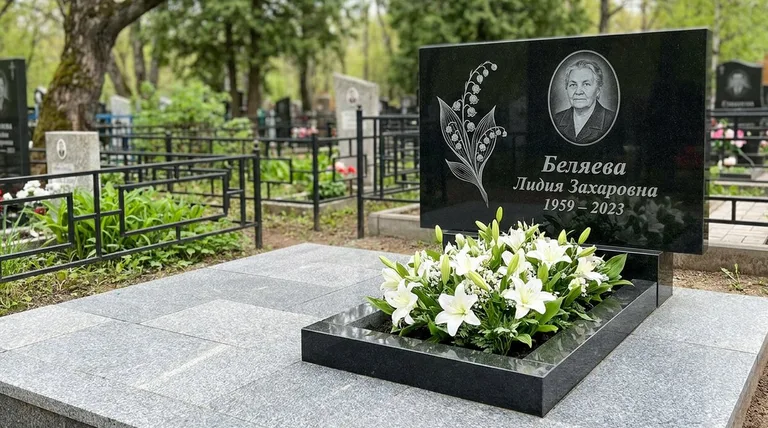 Памятник с гравировкой ландышей — выполненная работа «Беляева» во Владивостоке