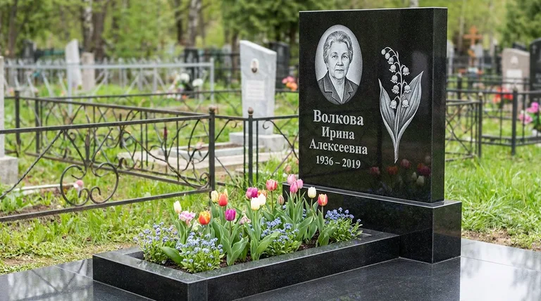 Памятник с гравировкой ландышей — выполненная работа «Волкова» во Владивостоке