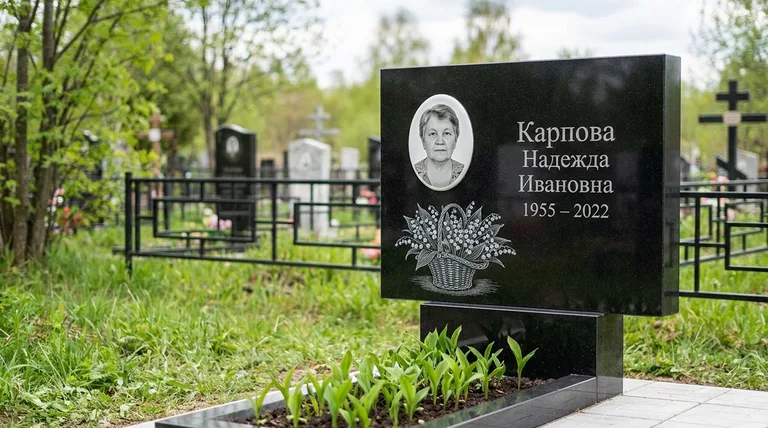 Памятник с гравировкой ландышей — выполненная работа «Карпова» во Владивостоке