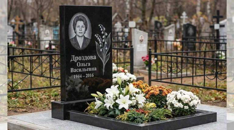 Памятник с гравировкой ландышей — выполненная работа «Дроздова» во Владивостоке