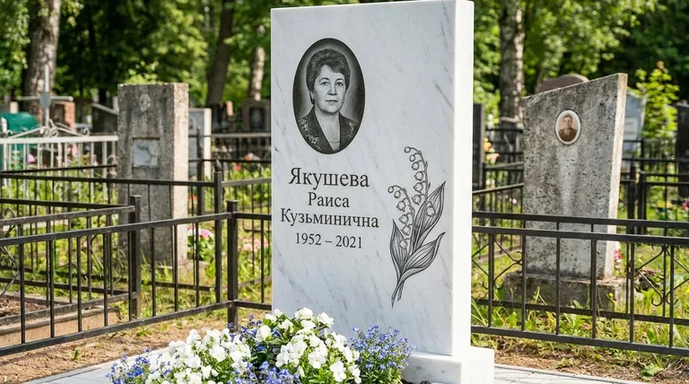 Памятник с гравировкой ландышей — выполненная работа «Якушева» во Владивостоке