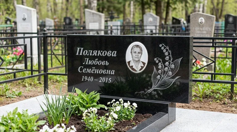 Памятник с гравировкой ландышей — выполненная работа «Полякова» во Владивостоке