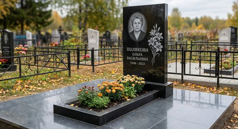 Памятник с гравировкой лилий — выполненная работа «Полякова» во Владивостоке