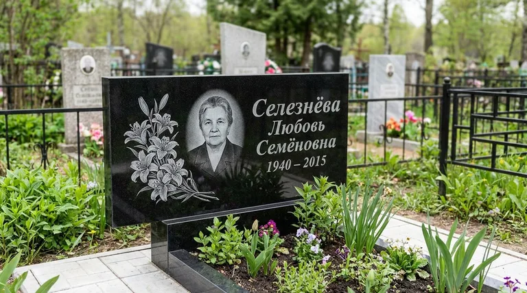 Памятник с гравировкой лилий — выполненная работа «Селезнёва» во Владивостоке
