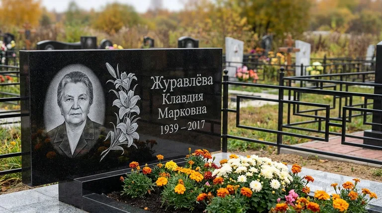 Памятник с гравировкой лилий — выполненная работа «Журавлёва» во Владивостоке