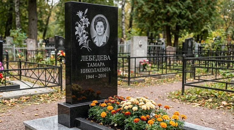 Памятник с гравировкой лилий — выполненная работа «Лебедева» во Владивостоке