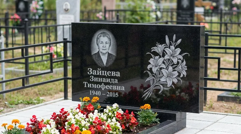 Памятник с гравировкой лилий — выполненная работа «Зайцева» во Владивостоке