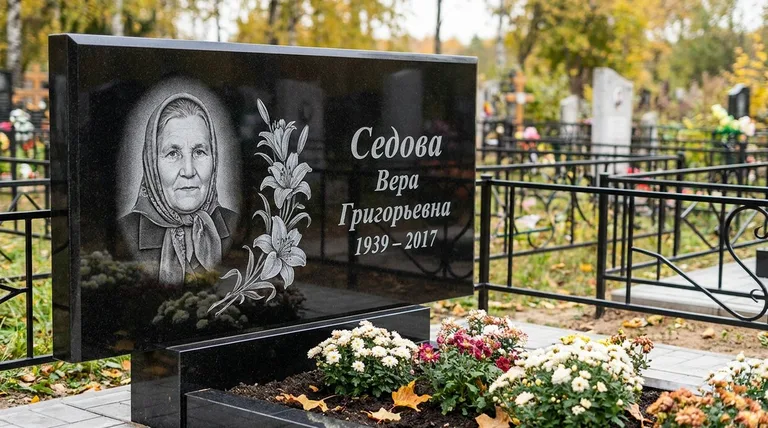 Памятник с гравировкой лилий — выполненная работа «Седова» во Владивостоке