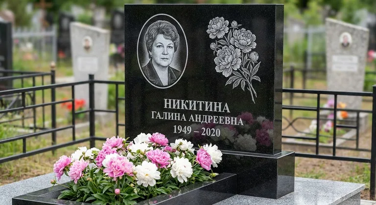 Памятник с гравировкой пионов — выполненная работа «Никитина» во Владивостоке