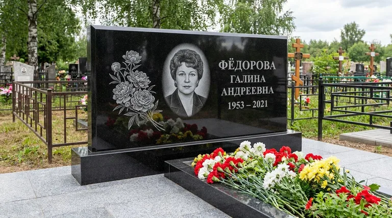 Памятник с гравировкой пионов — выполненная работа «Фёдорова» во Владивостоке