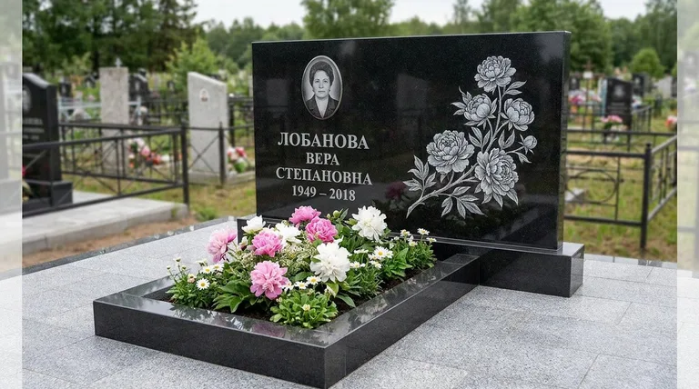 Памятник с гравировкой пионов — выполненная работа «Лобанова» во Владивостоке