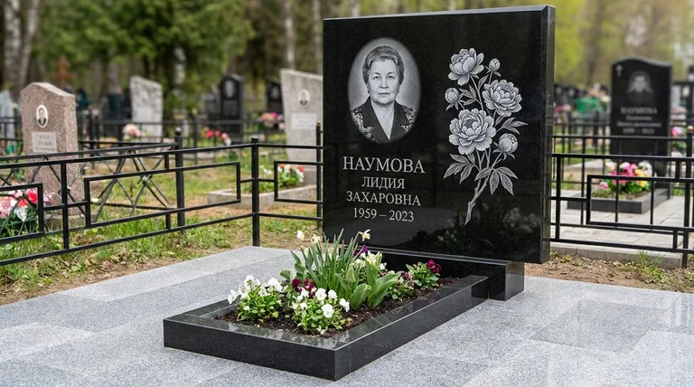 Памятник с гравировкой пионов — выполненная работа «Наумова» во Владивостоке