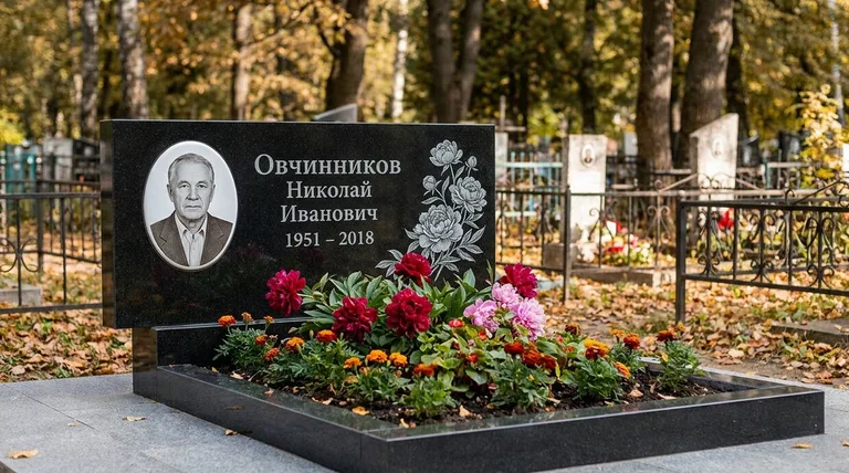 Памятник с гравировкой пионов — выполненная работа «Овчинников» во Владивостоке