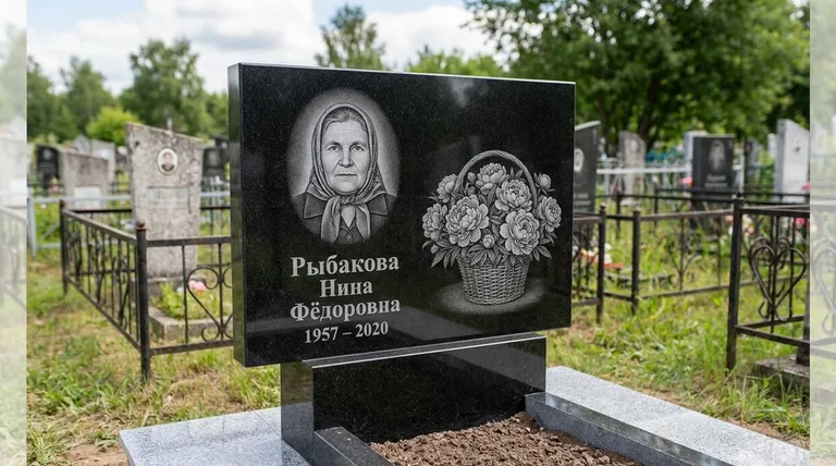 Памятник с гравировкой пионов — выполненная работа «Рыбакова» во Владивостоке