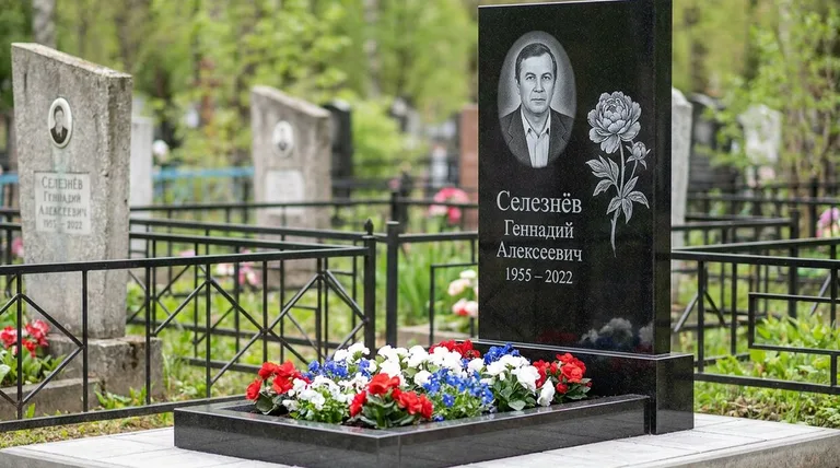 Памятник с гравировкой пионов — выполненная работа «Селезнёв» во Владивостоке