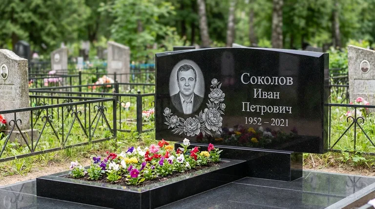 Памятник с гравировкой пионов — выполненная работа «Соколов» во Владивостоке