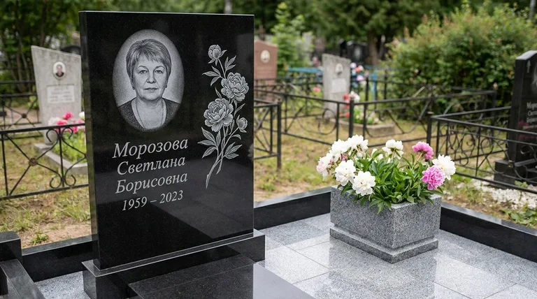 Памятник с гравировкой пионов — выполненная работа «Морозова» во Владивостоке