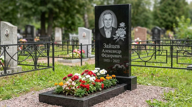 Памятник с гравировкой пионов — выполненная работа «Зайцев» во Владивостоке