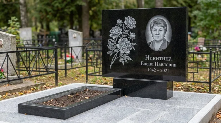 Памятник с гравировкой пионов — выполненная работа «Никитина» во Владивостоке