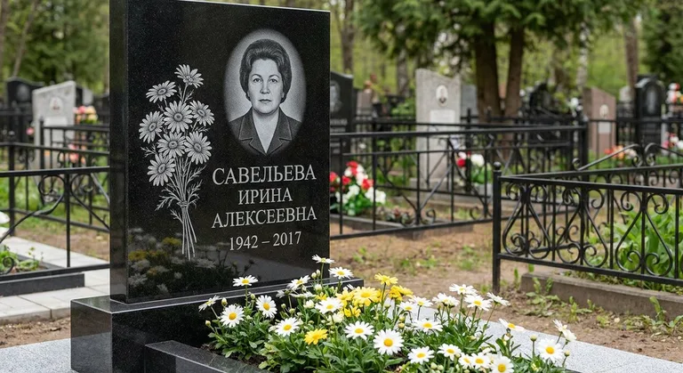 Памятник с гравировкой ромашек — выполненная работа «Савельева» во Владивостоке