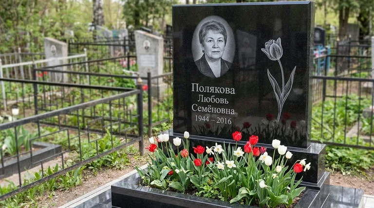 Памятник с гравировкой тюльпанов — выполненная работа «Полякова» во Владивостоке