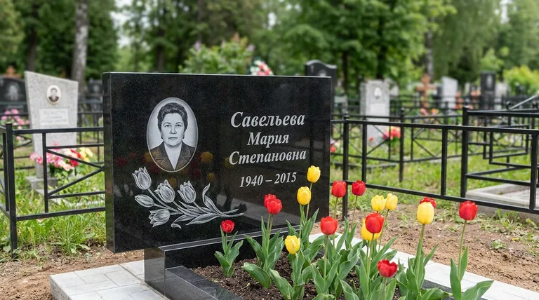 Памятник с гравировкой тюльпанов — выполненная работа «Савельева» во Владивостоке