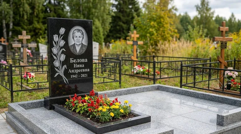 Памятник с гравировкой тюльпанов — выполненная работа «Белова» во Владивостоке