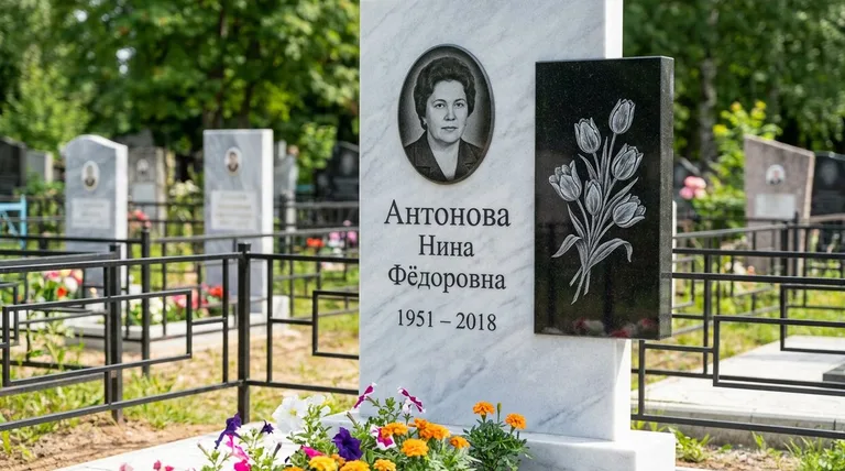 Памятник с гравировкой тюльпанов — выполненная работа «Антонова» во Владивостоке
