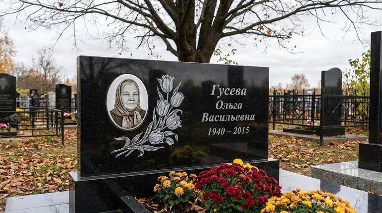 Памятник с гравировкой тюльпанов — выполненная работа «Гусева» во Владивостоке