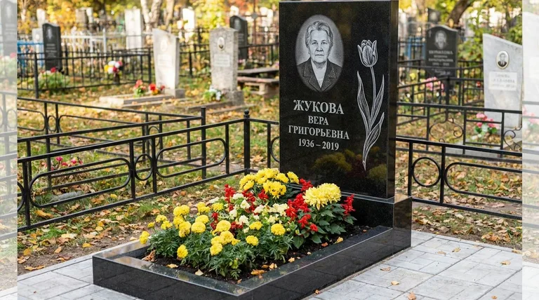 Памятник с гравировкой тюльпанов — выполненная работа «Жукова» во Владивостоке