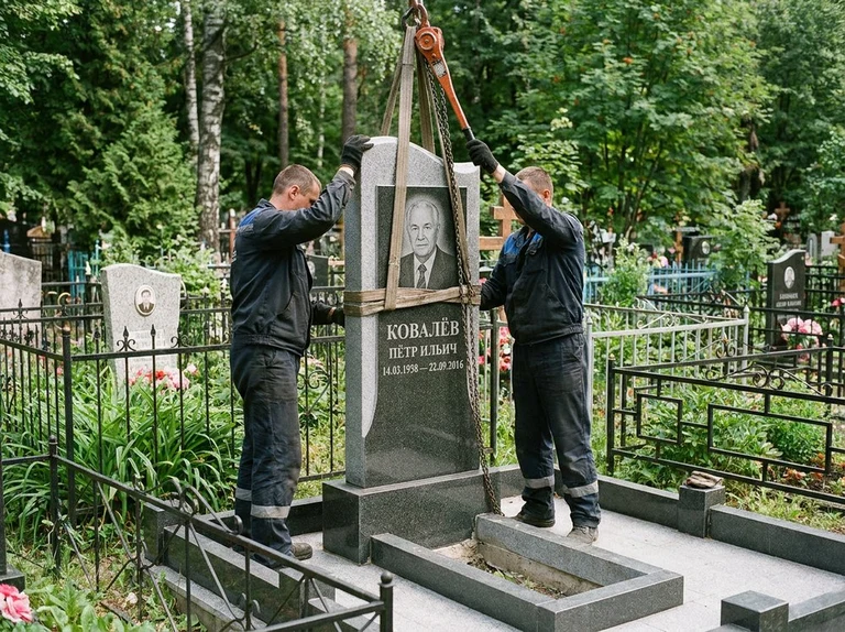 Демонтаж памятника на кладбище во Владивостоке — бригада аккуратно снимает старый гранитный памятник с могилы