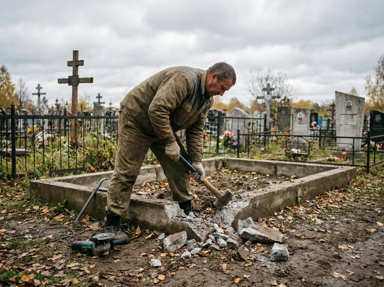 Демонтаж цветника на могиле во Владивостоке