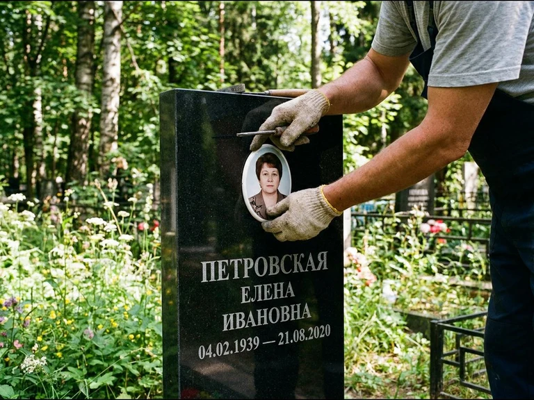 Фото на керамике на памятник во Владивостоке — мастер устанавливает овальный керамический портрет на гранитный памятник