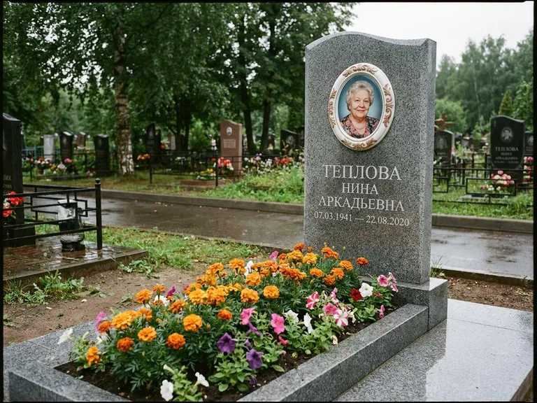 Керамический портрет на памятнике с цветами во Владивостоке