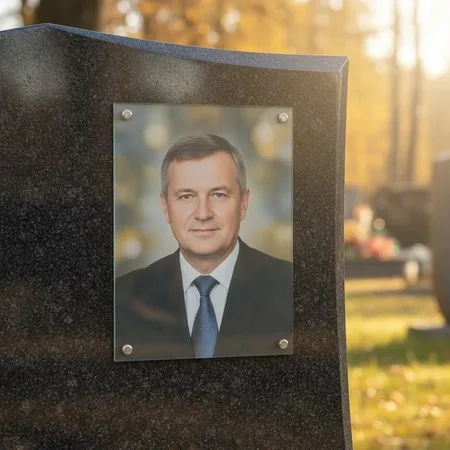 Портрет на стекле на держателях на чёрном граните во Владивостоке