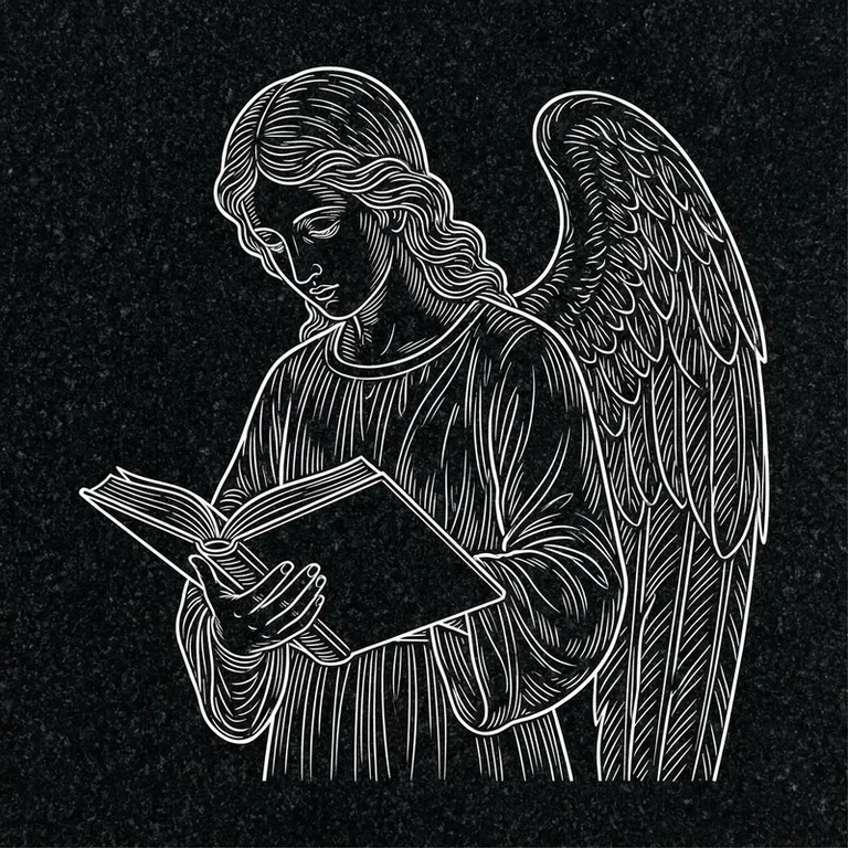 Эскиз гравировки ангела на памятник — ангел с раскрытой книгой во Владивостоке