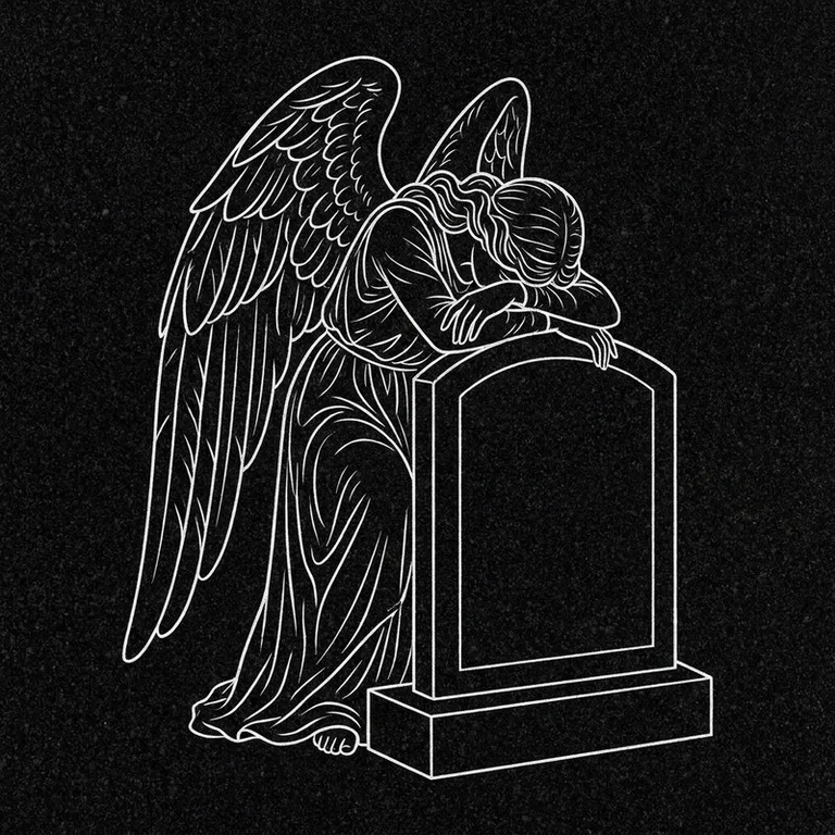 Эскиз гравировки ангела на памятник — печальный ангел у плиты во Владивостоке