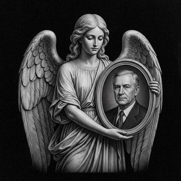 Эскиз гравировки ангела на памятник — объёмный ангел с портретом во Владивостоке